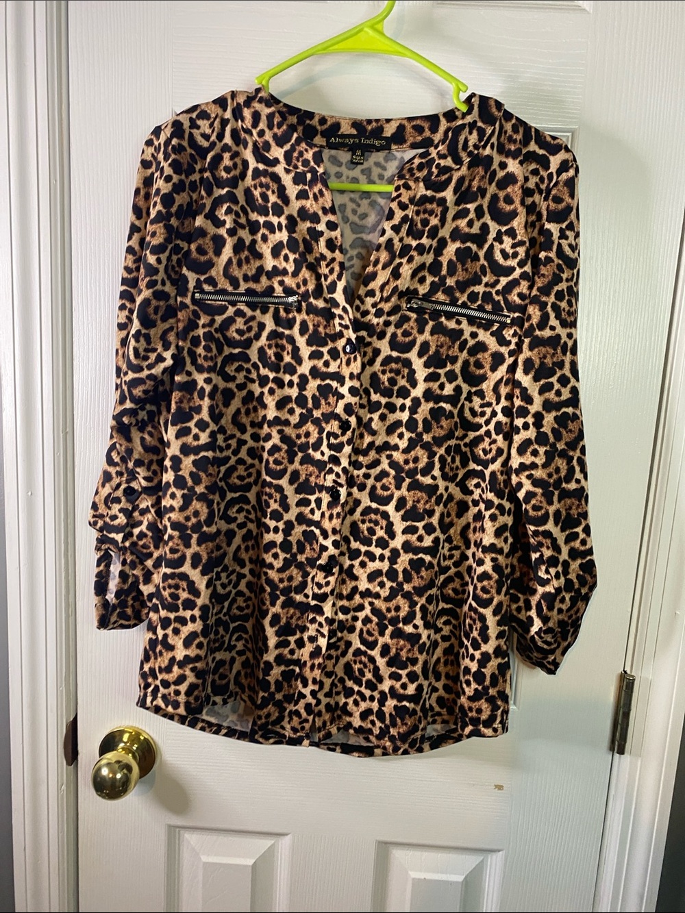 Always Indigo Leopard Print Button-Front Top - Brown/Black Size Medium.